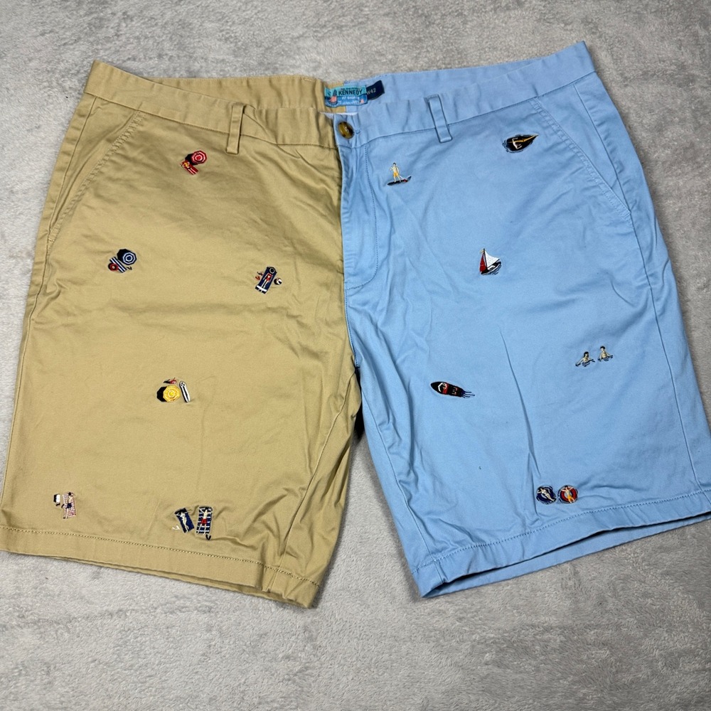 Kiel James Patrick Kennedy Fit Shorts Men 42 Blue Tan Embroidered Beach Nautical